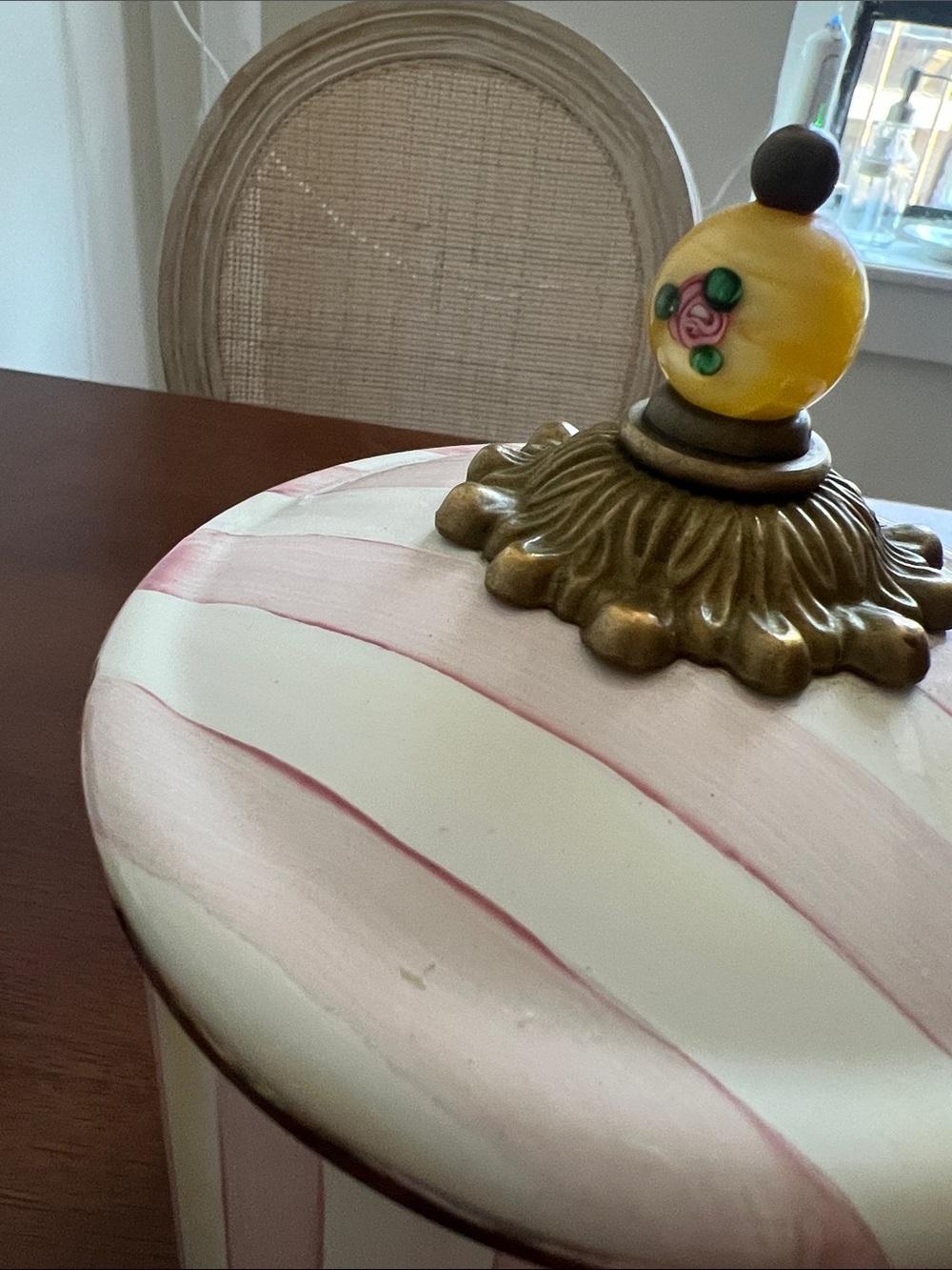 MacKenzie-Childs Pink and Cream Striped Canister with Floral Yellow Knob - Picture 3 of 9
